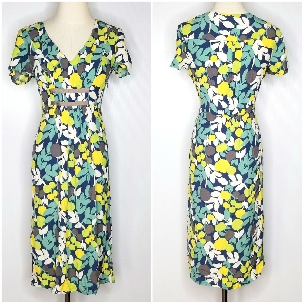 Boden Women Blue Green Tropical Forest  Print Casual Sheath Midi  Dress  size 8